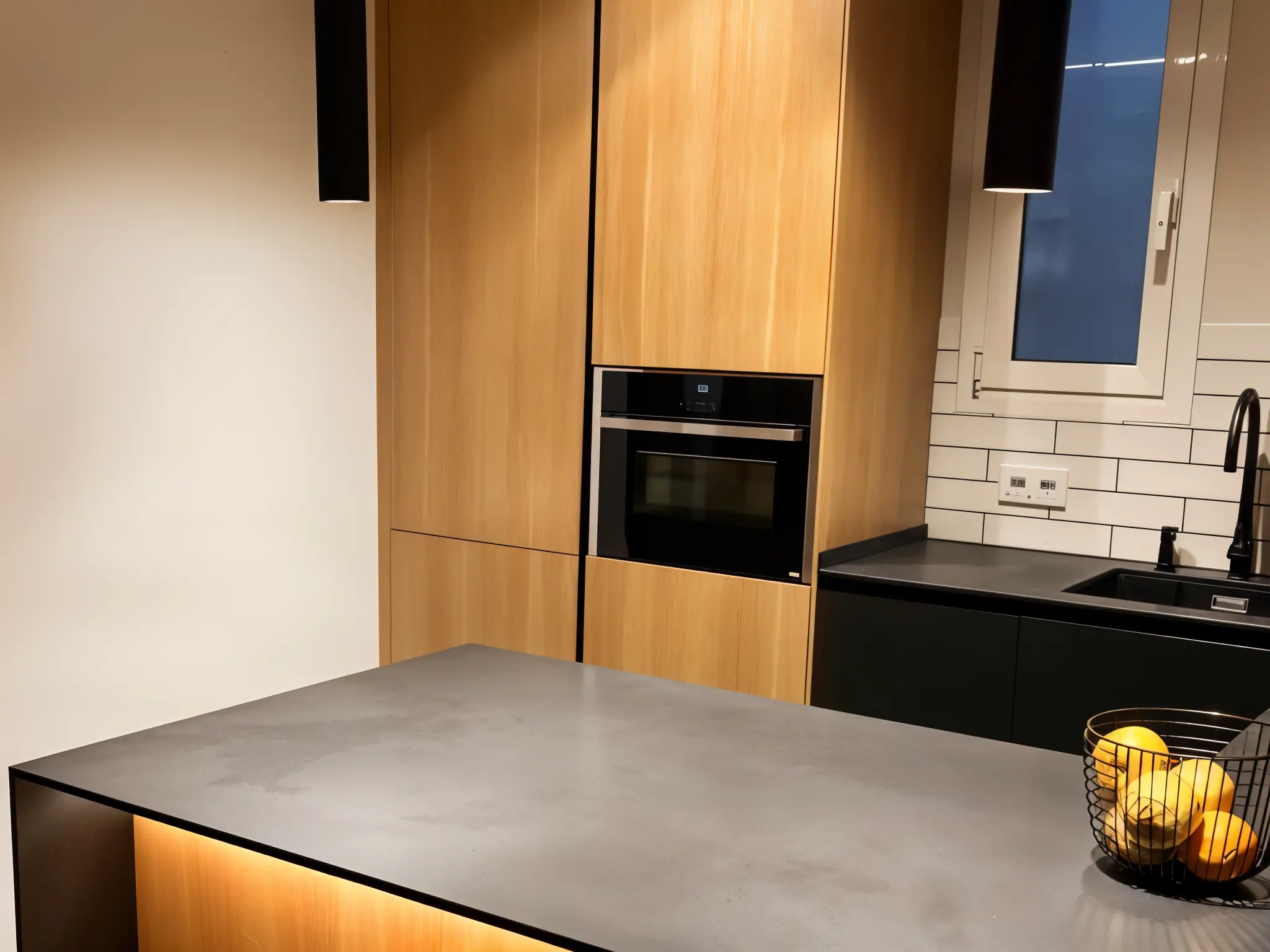 Cocina pequeña de madera con encimera oscura